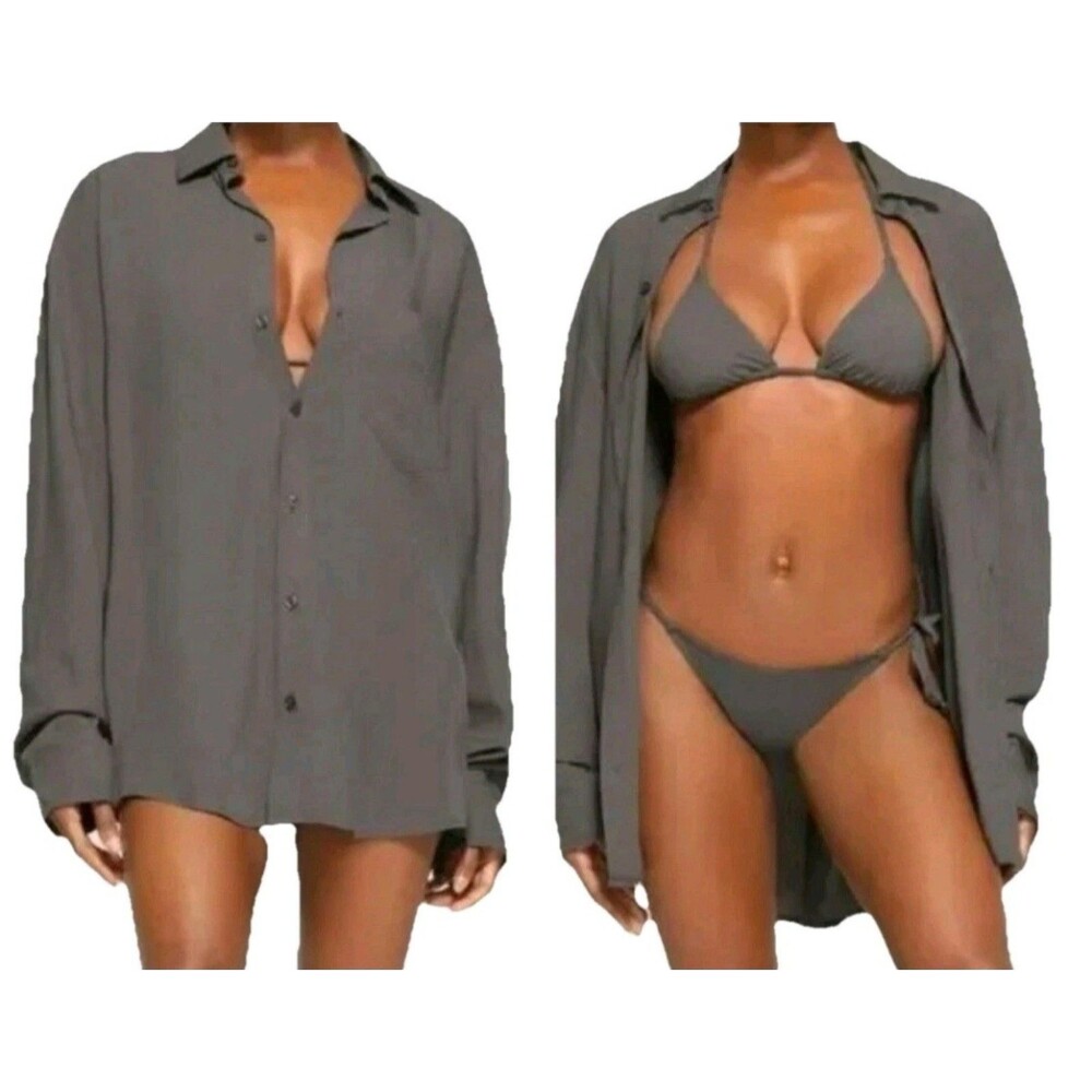 SKIMS‎ COVER UPS Long Sleeve Button Up Shirt 2X Gunmetal TP-SHR-3493 Lightweight